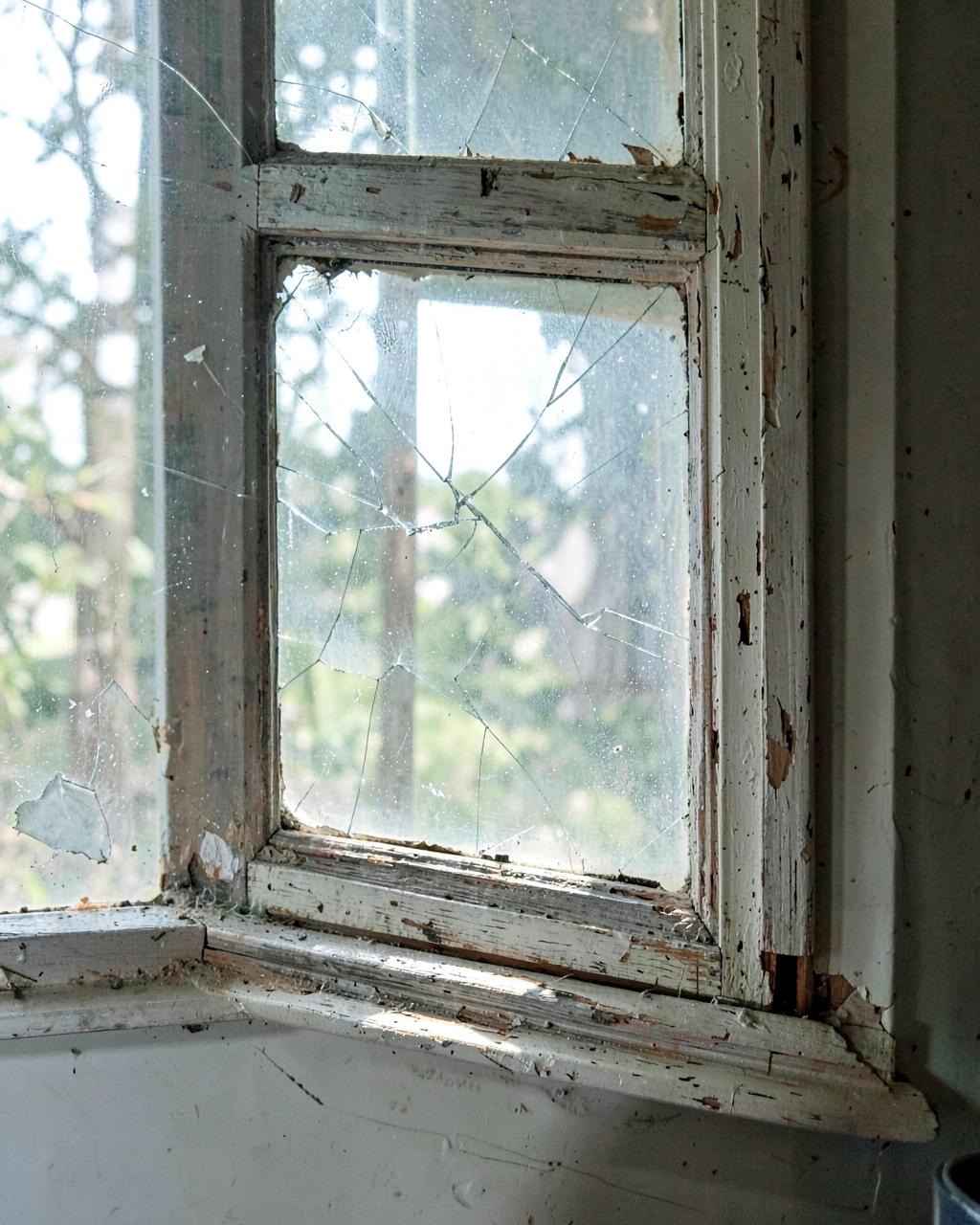 Verrotteter Fensterrahmen mit Rissen im Glas